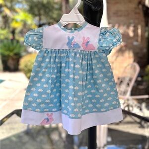 Vintage Neiman Marcus Blue and White Bunny Print Toddler Dress, Easter Dress